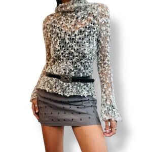 Bebe Sheer Open Knit Long Sleeve Gray White Turtleneck Sweater Size S
